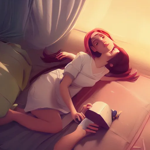 Image similar to a girl lies on the bed with a ragdoll, characterized by roman shipunov, etienne hebinger, atey ghailan, cgsociety, fantasy art, 2 d game art