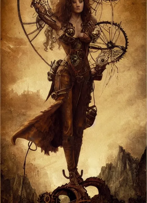 Prompt: highly detailed steampunk woman standing on a mechanism : leonardo da vinci, greg rutkowski, magali villeneuve