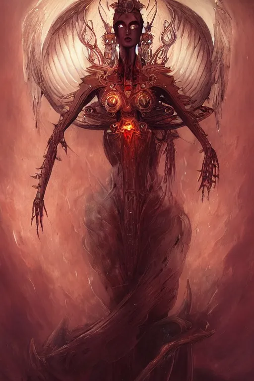 Prompt: Biomechanical Angel of Fire, beautiful, fantasy, magic, digital art by Seb Mckinnon and Peter Mohrbacher, professional illustration