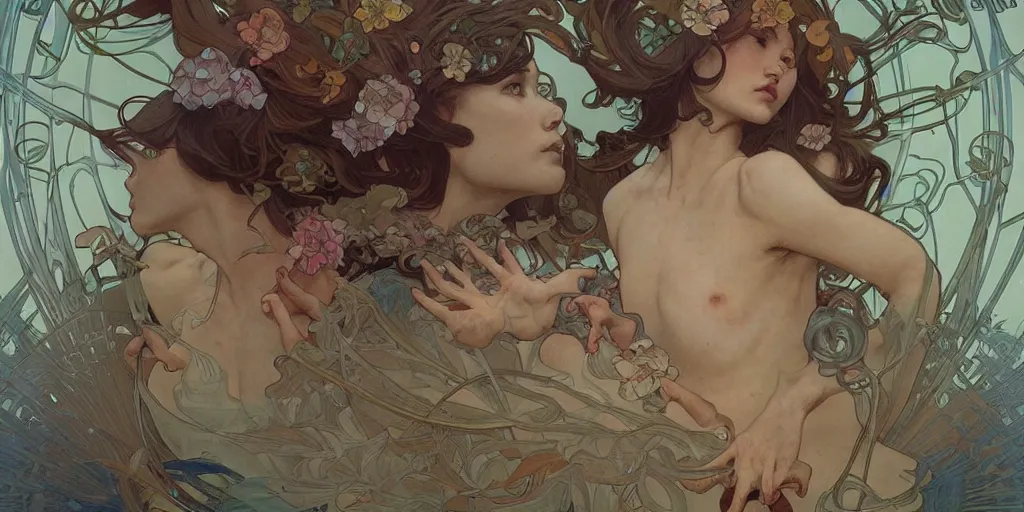 Prompt: such complicated hands, by james jean, by artgerm and greg rutkowski and alphonse mucha. uhd, amazing depth, cinematic lighting, glossy wet levitating floating fungus god with arms outstretched.