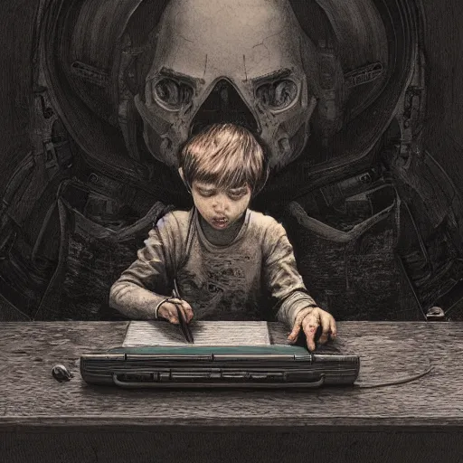 Image similar to a child sits in front of a computer as their imagination spills onto the screen, detailed intricate ink illustration, dark atmosphere, detailed illustration, hd, 4k, digital art, overdetailed art, concept art, by greg rutkowski, by loish, complementing colors, Trending on artstation, deviantart