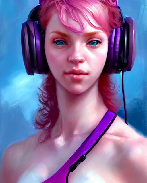 Prompt: cute female gamer, perfect face, pink headphones, purple halter top, ginger hair, abs, cinematic, stunning, athletic, strong, agile, highly detailed, psychedelic, digital painting, artstation, smooth, hard focus, illustration, art by jessica rossier and and brian froud