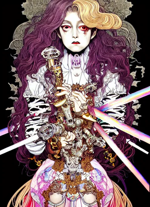 Prompt: highly detailed terada katsuya artstation ayami kojima manga poster of princess mechine enraged damaged angry zombie, rainbow gradient reflection, long hair, armor, dress, laces, ruffles, 8 k, maximalist,, jump comics, tomer hanuka, alphonse mucha