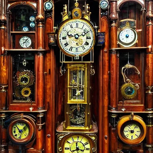 Image similar to interior of a steampunk clock shop, father time, wooden grandfather clocks everywhere, realistic, very intricate hyper detailed masterpiece by max ernst