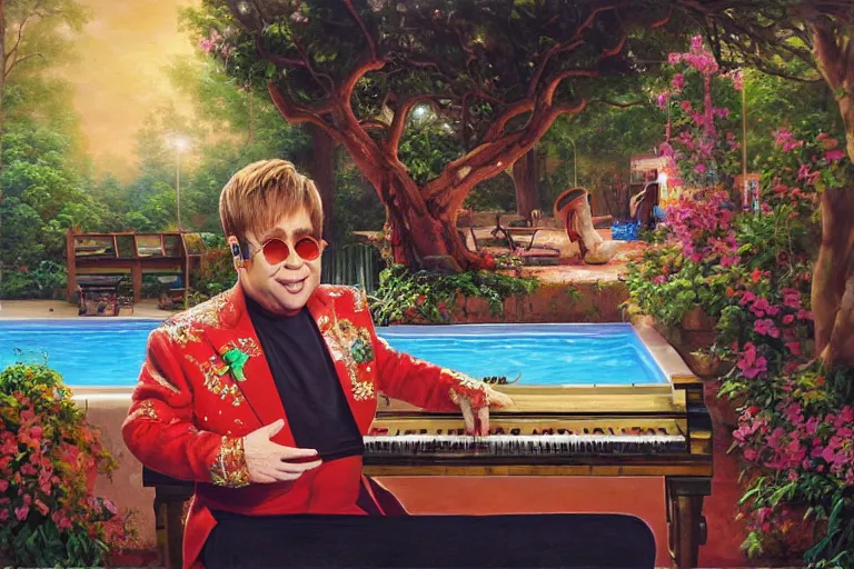 Image similar to elton john playing a piano in a pool filled with baked beans, an oil painting by ross tran and thomas kincade