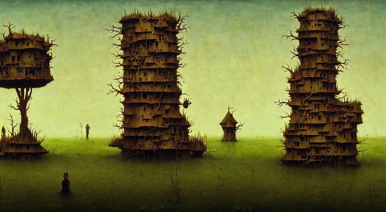 Prompt: single flooded simple fungus wooden tower, very coherent and colorful high contrast ultradetailed photorealistic masterpiece by franz sedlacek hieronymus bosch gediminas pranckevicius dean ellis simon stalenhag rene magritte, dark shadows, sunny day, hard lighting