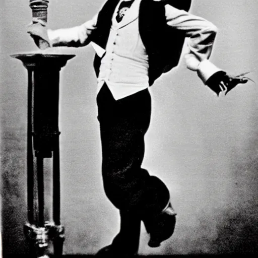 Prompt: Charlie Chaplin dancing, with hat and cane, moustache, 1920s vibes, sepia