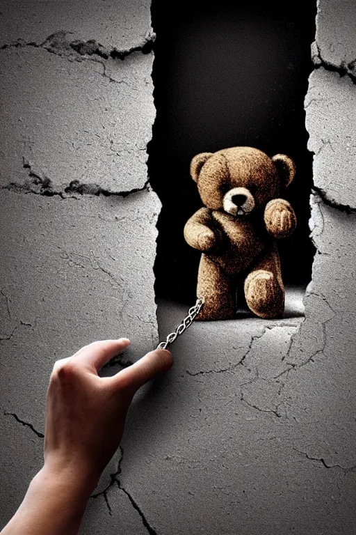 Image similar to giant crack hole on the brick concrete wall, hand coming from inside the crack reaching towards camera hand is holding a dirty ealistic teddybear. gloomy, intricate, elegant, highly detailed, digital painting, artstation, concept art, addiction, chains, smooth, sharp focus, illustration, art by ilja repin