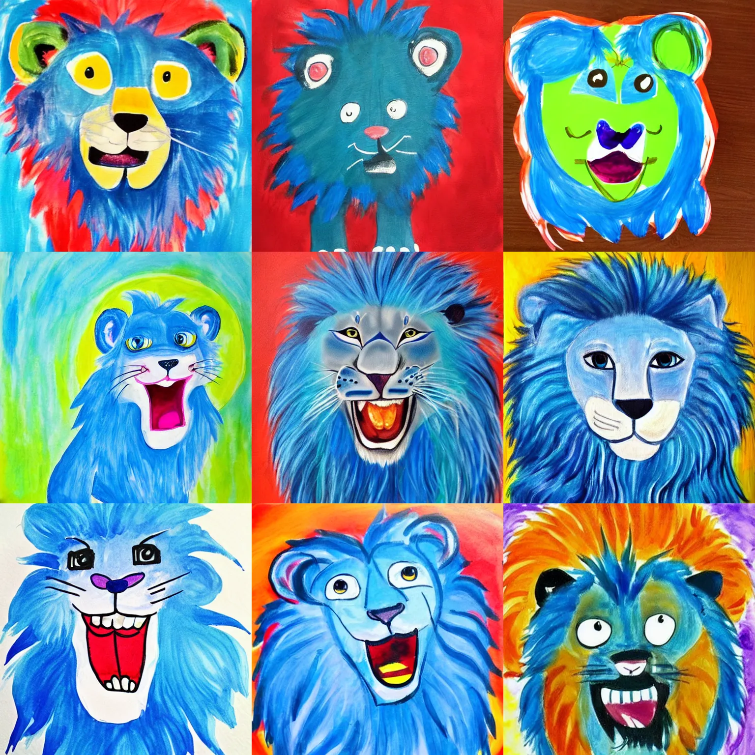 Prompt: cute laughing blue lion. children's painting.