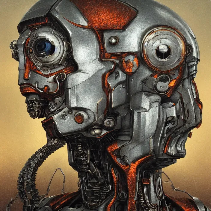 Image similar to portrait of an orange ultron from age of ultron, clockwork steampunk, dieselpunk, head and chest only, by beksinski, 4 k, deviantart, trending on artstation