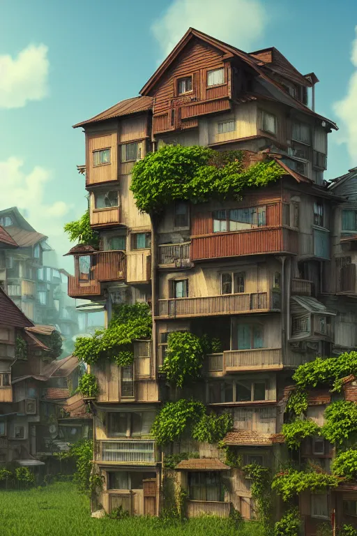 Image similar to stacked houses, solarpunk, studio ghibli, jean - baptiste monge, octane render, 4 k