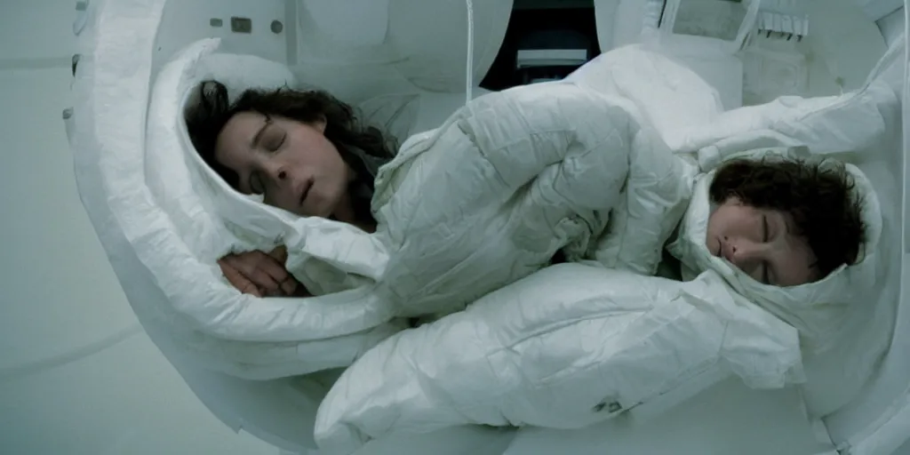 Image similar to a wide shot of Ripley sleeping inside an all-white room of cryogenic sleep chambers by Ridley Scott, Alien movie, grainy, bluish and cream tones