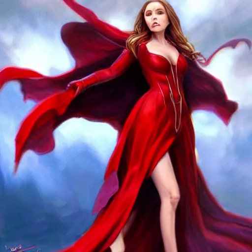 Image similar to elizabeth olsen as scarlet witch in a red dress, concept art by anne stokes, polycount contest winner, fantasy art, wiccan, concept art, tarot card