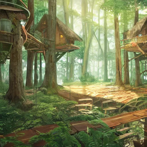 Image similar to concept art painting of treehouses made out of trees, walkways between trees, trees with doors and windows in a deep forest, realistic, detailed, cel shaded, in the style of makoto shinkai and greg rutkowski and james gurney