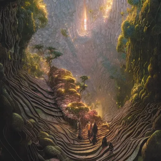 Image similar to quantum cavern walkway sacred fantasy nature photography airbush cinematic by arthur adams, moebius, wlop, james gurney, victo ngai, james christensen, greg rutkowski, john howe