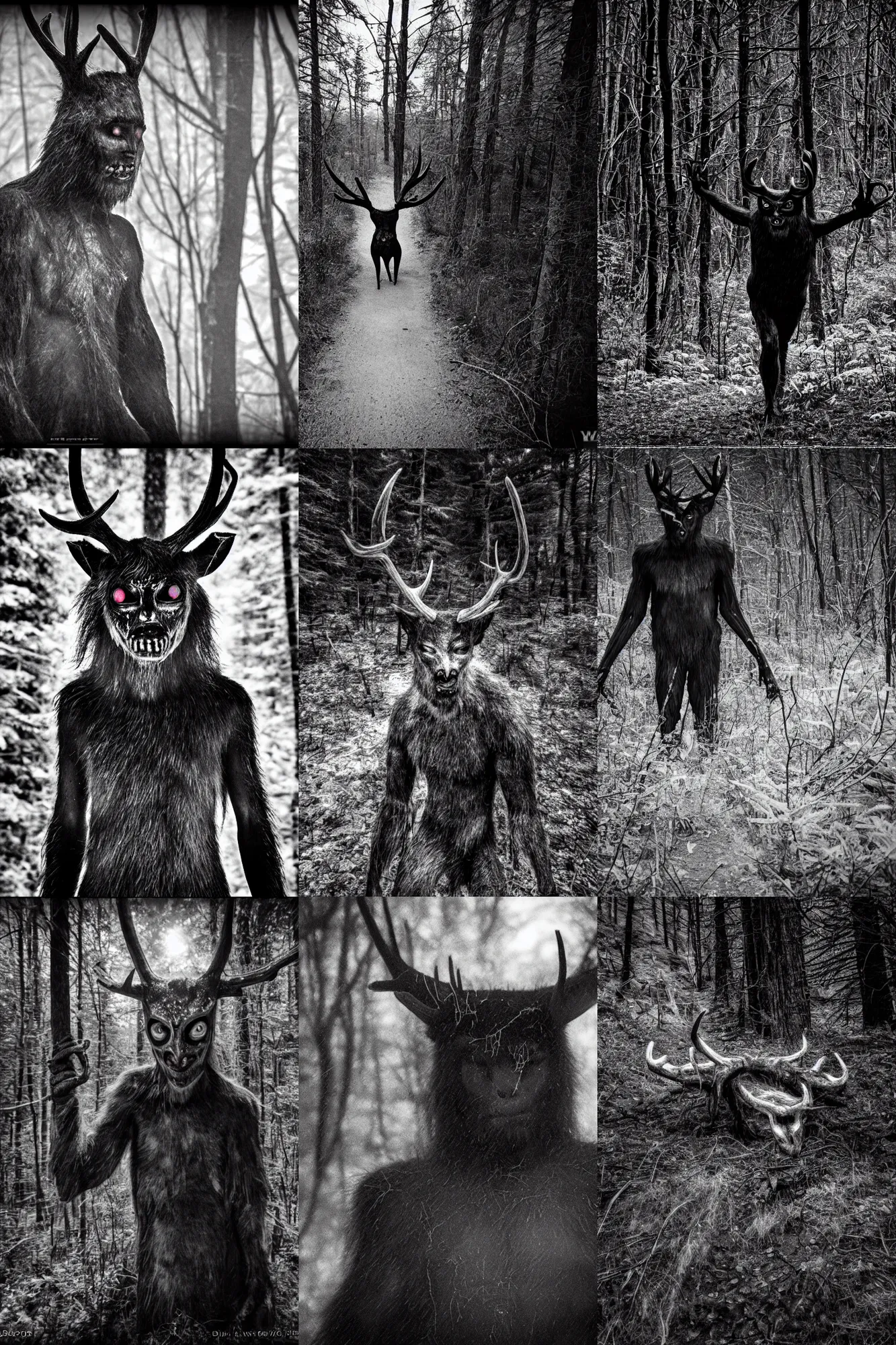 Prompt: grainy, black and white trail cam footage of wendigo, eyes glowing, dark, creepy, scary, 8 k