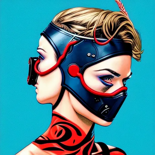 Image similar to a profile photo of a european woman with a diving mask with side profile blood in ocean intricate details by MARVEL comics and Sandra Chevrier-C