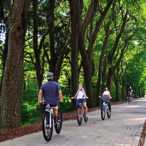 Image similar to friends ride their bikes through a colonnade of trees