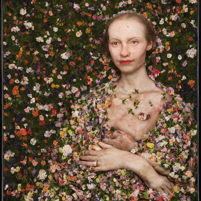 Image similar to a closeup portrait of a woman wearing a cloak made of plastic and mud, in an infinite landscape of flowers, photograph by john currin, canon eos c 3 0 0, ƒ 1. 8, 3 5 mm, 8 k, medium - format print