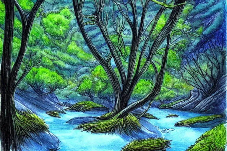 Prompt: Artwork is a fabulous landscape of mountains, trees, rivers and grass, a fantasy sketch of amazing nature. Artwork sketch of beautiful mystical trees. Illustration