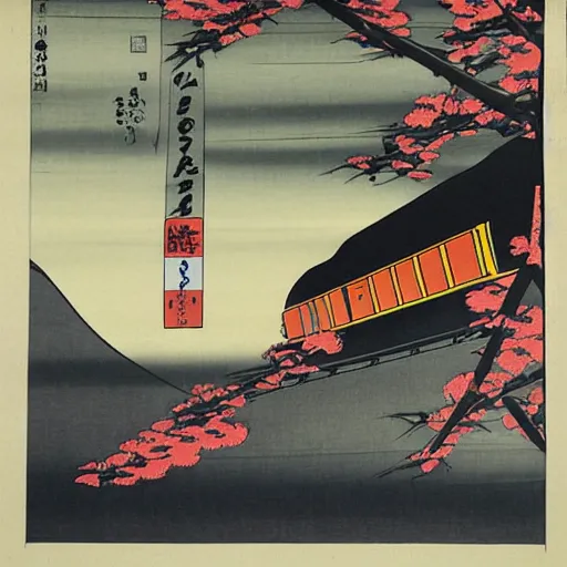 Prompt: high speed train in india against a giant rising sun, ukiyo - e style, lithograph, textile print