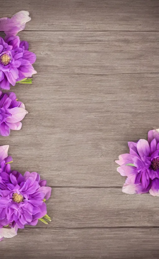 Prompt: soft purple flowers on light colored rustic boards, background, backdrop