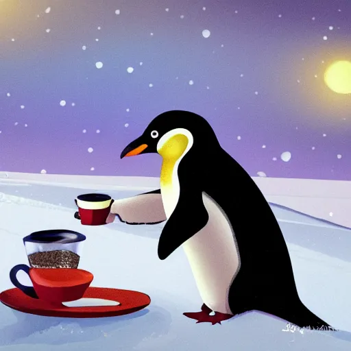 Image similar to penguin taking a coffee in the middle on the artic, trending in art station