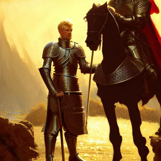 Image similar to attractive arthur pendragon and his favourite attractive male knight, they are in love, camelot, natural lighting, path traced, highly detailed, high quality, digital painting, by gaston bussiere, craig mullins, j. c. leyendecker