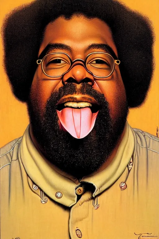 Image similar to portrait of questlove from the roots by gil elvgren and norman rockwell and rob gonsalves and hajime sorayama, hyperrealistic, high detail, ultra detailed, highly detailed face, ruffled fabric