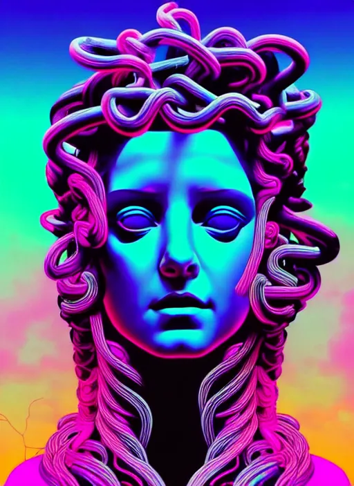 Image similar to statue of medusa, beeple, android jones, ( ( ( ( ( dan mumford ) ) ) ) ), vaporwave, retrowave, black background, neon wiring, black, glitch, strong contrast, cuts, pinterest, trending on artstation