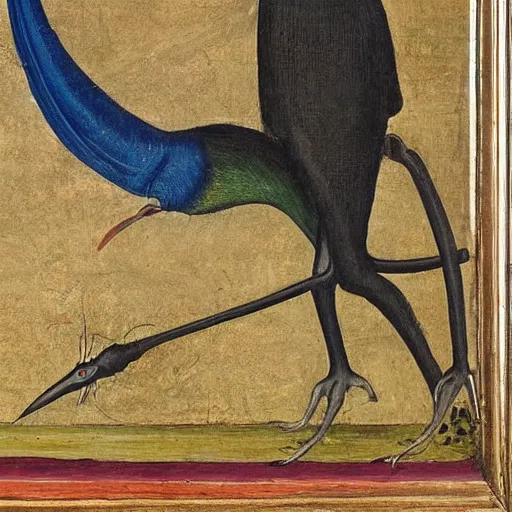 Prompt: medieval painting of a cassowary in its natural habitat, museum collections, art collection, historical, oil painting, award winning