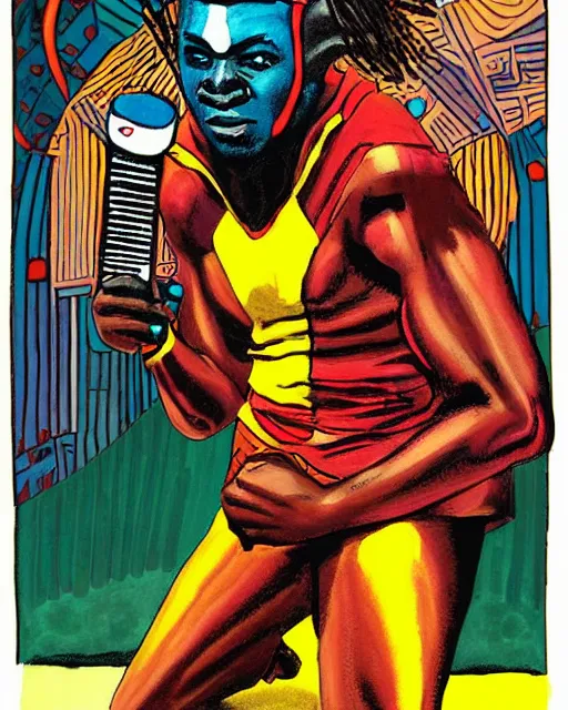 Image similar to an African cyclops (from x-men) playing an Akai MPC 2000XL, colourful painting by Toni Toscani, in the style of 'Woman in Brown Pants' (2018)