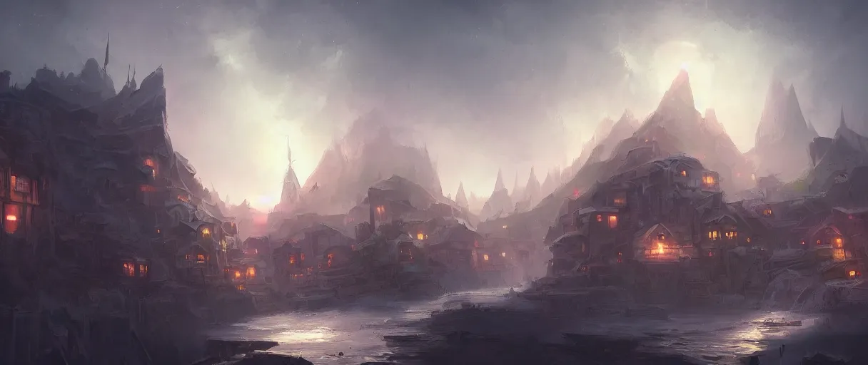 Image similar to ship used as a village on a hill, concept art, digital painting, style of jordan grimmer, warm lighting, futuristic, volumetric lighting, view from below,dark, nighttime, godrays, high detail