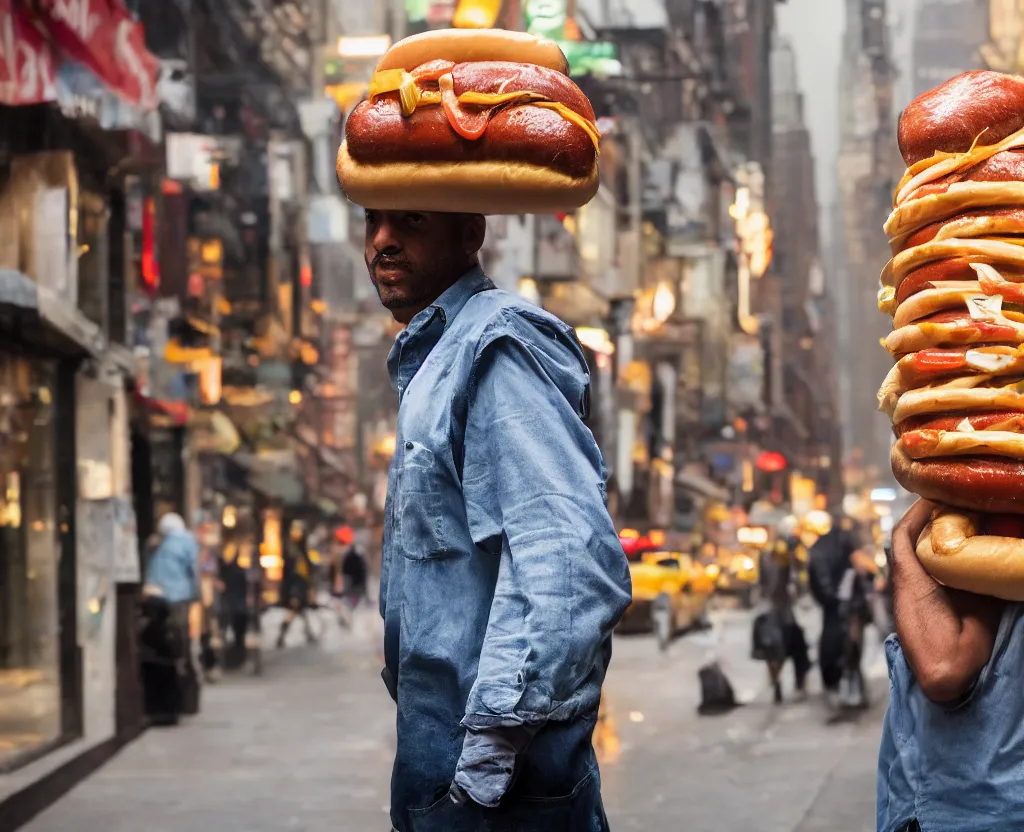 Image similar to closeup portrait of a man carrying a giant hotdog on his shoulder in a smoky new york back street, by Annie Leibovitz and Steve McCurry, natural light, detailed face, CANON Eos C300, ƒ1.8, 35mm, 8K, medium-format print