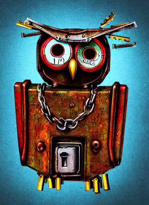 Image similar to colored pencil and pen drawing of an animatronic robot owl, bird made from rusty old keys and padlocks, space background, 8 k photorender realityengine