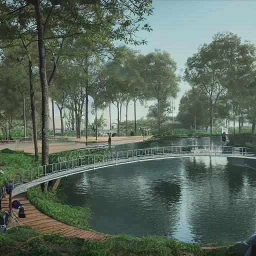 Image similar to ecological park in sao paulo, ponte estaiada in the back of the image, concept art, artstation, behance, octane render, blender, unreal engine