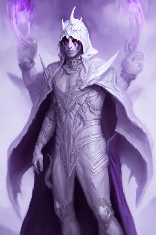 Prompt: human male demon, full body white purple cloak, no hoodie, careless, warlock, character concept art, costume design, black eyes, white horns, trending on artstation, Artgerm, WLOP