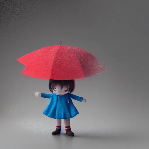 Image similar to cute fumo plush of a girl with an umbrella, heavy rain, weather vfx, vray