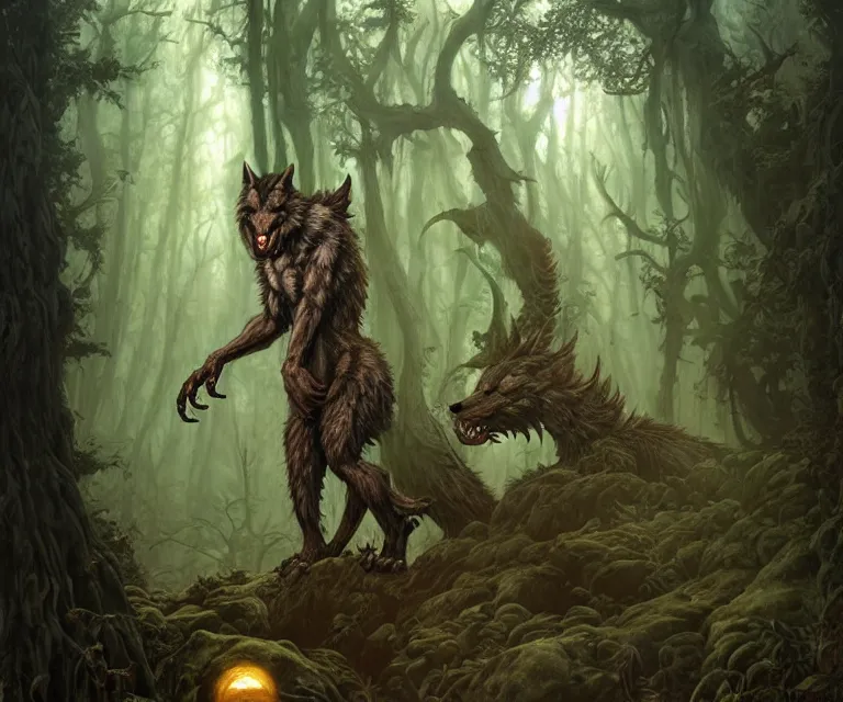 Image similar to wolf monster in a forest, dramatic lighting, ultra realistic, intricate details, forest, highly detailed by peter mohrbacher, allen williams, hajime sorayama, wayne barlowe, boris vallejo, aaron horkey, gaston bussiere, artgerm