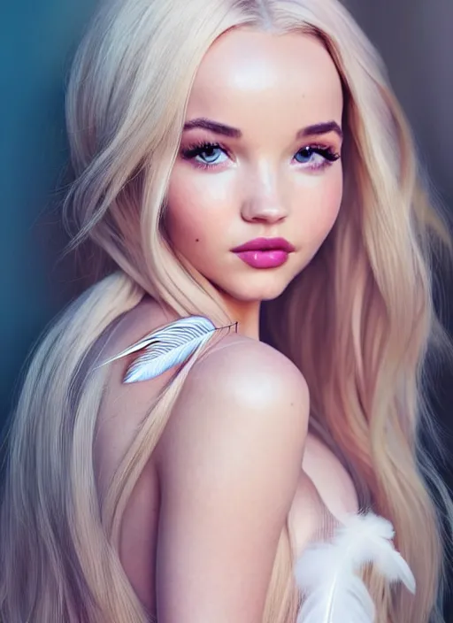 Image similar to a gorgeous female photo of a mix of dove cameron and madison beer, professionally retouched, soft lighting, wearing a feather dress, realistic, smooth face, perfect eyes, wide angle, sharp focus on eyes, 8 k high definition, insanely detailed, intricate, elegant, art by artgerm and wlop