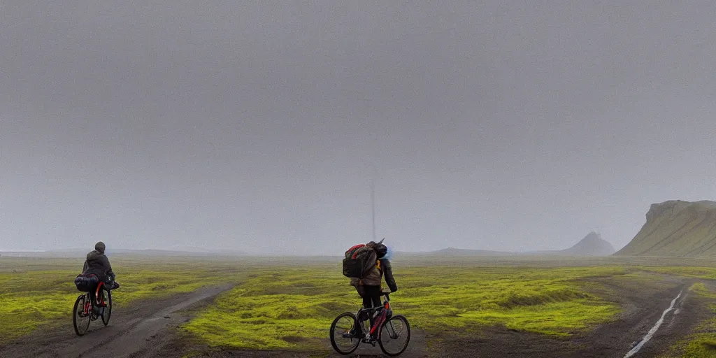 Prompt: A digital painting by Simon Stålenhag of a person on a touring bike on a gravel road of Iceland. The bike has a rack with saddlebags mounted. Around the road there are monumental old ruins tower of a dark misty forest,overcast, sci-fi