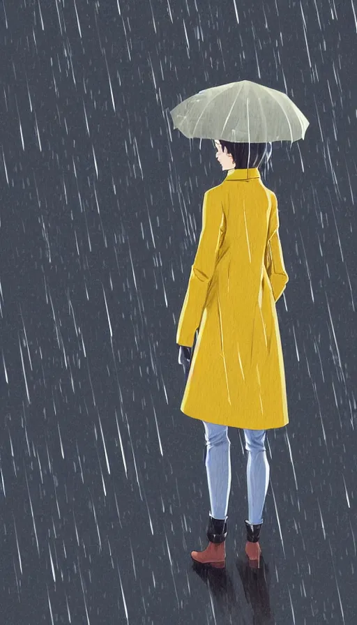 Prompt: girl in a yellow coat standing in the rain holding a small pocket watch, thick outlines, pale colors, digital art, hard edges, detailed, dynamic pose, character design, fisheye perspective, above angle, artwork by makoto shinkai, very coherent asymmetrical artwork, matte painting, sharp edges, perfect face, simple form