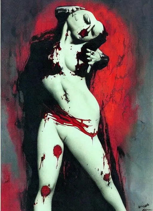 Prompt: portrait of bald iranian vampiress, strong line, saturated color, beautiful! coherent! by frank frazetta, high contrast, blood splatter background