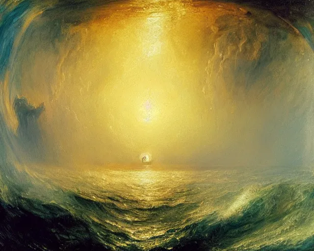 Prompt: an oil painting of cthulhu rising out of the ocean, turner