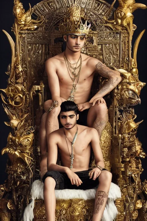 Prompt: Zayn Malik, fantasy, Young fit Atlantis king sitting on throne, a golden crown on his head, shirtless and a white falcon on his shoulders, steelpunk, ghibli studio, nekro, Tom Bagshaw, Craig Mullins, beautiful face, realistic face moody lighting, octane 8k, by brian froud, Trending on ArtStation