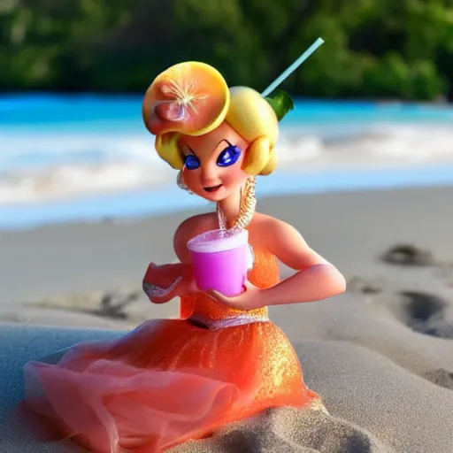 Prompt: Princess Peach sipping on a cocktail on the beach. The cocktail glass is a half coconut.