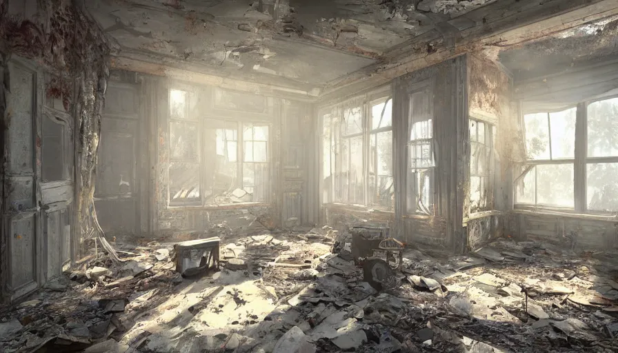 Image similar to abandoned 2 0's house with sunlight coming through old dusty windows, collapsed ceiling, dirt, old furnitures, hyperdetailed, artstation, cgsociety, 8 k