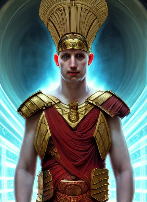 Image similar to the pale blond male praetorian centurion lucius smirking, sci fi, glowing eyes, volumetric lights, red and cyan theme, art nouveau botanicals, intricate, highly detailed, digital painting, artstation, concept art, smooth, sharp focus, cinematic, illustration, beautiful face, art by artgerm and greg rutkowski and alphonse mucha