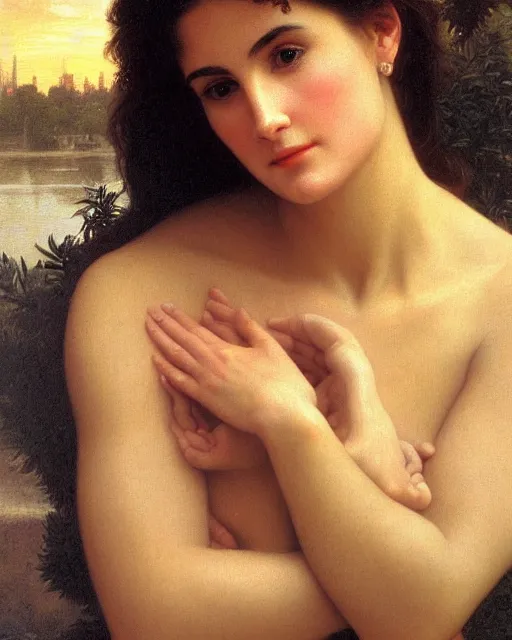 Image similar to beautiful glorious realistic oil painting of young demi moore, bokeh, baroque style by bouguereau, sunset, highly detailed, 8 k intricate