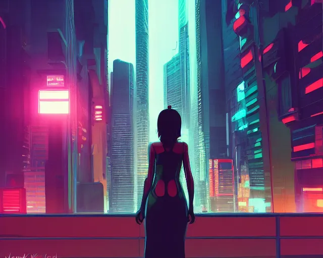 Image similar to a woman standing in front of a city at night, cyberpunk art by ilya kuvshinov, cgsociety, retrofuturism, ilya kuvshinov, artstation hd, artstation hq